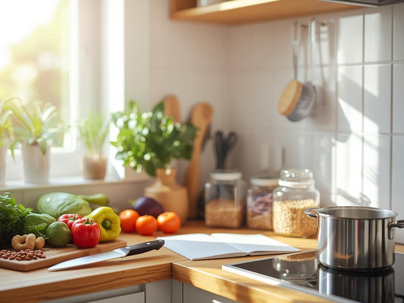 Home kitchen with fresh ingredients and cooking tools on counter