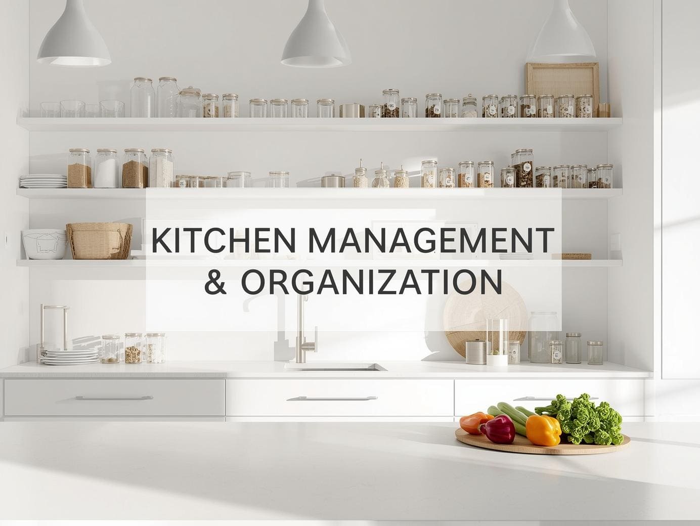 Organized modern kitchen with jars and fresh vegetables