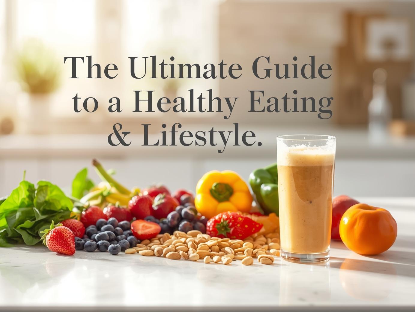 Healthy eating featured image with fruits, vegetables, and smoothie showing blog title
