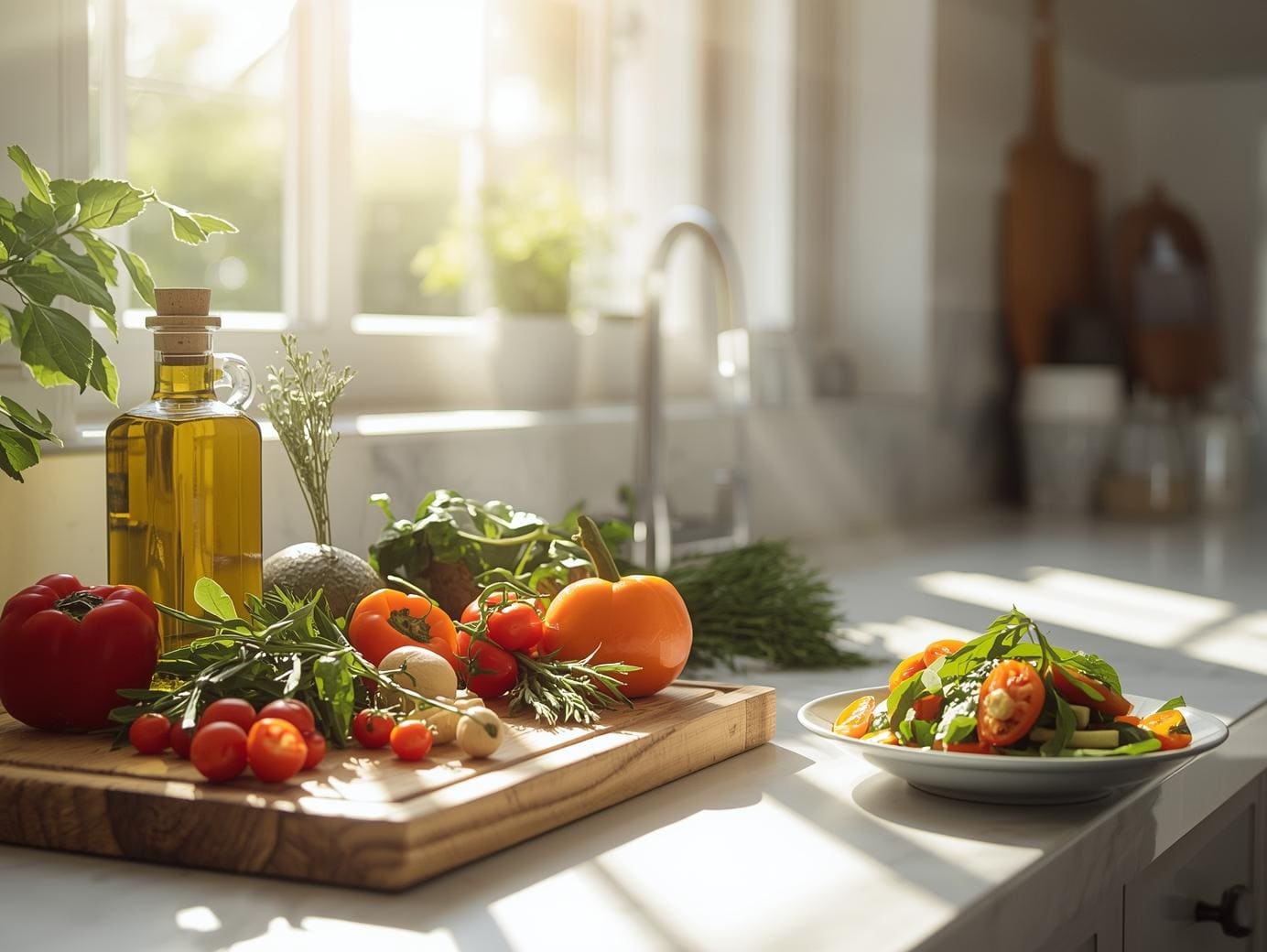 Featured image showing healthy cooking ingredients — fresh vegetables, fruits, and olive oil on a kitchen counter